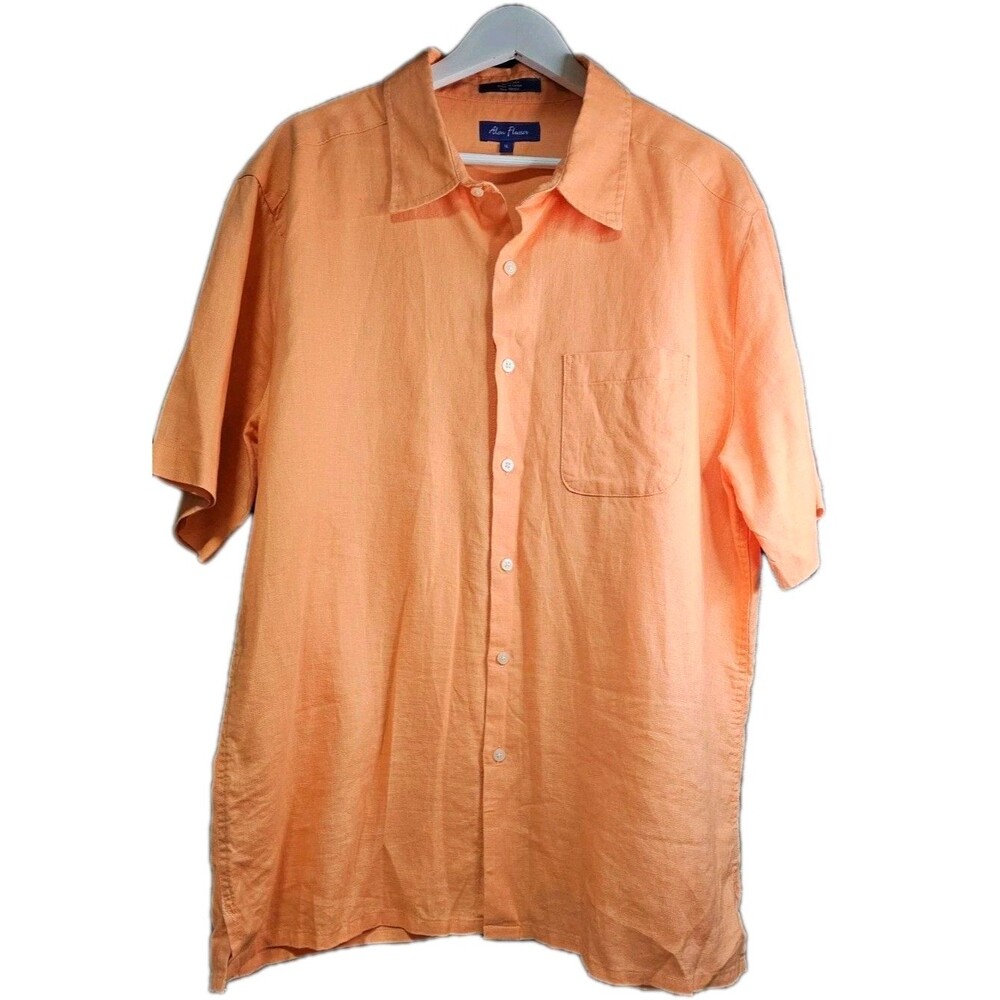 Alan Flusser Linen Shirt Mens XL Peach Orange Short Sleeve Camp Casual